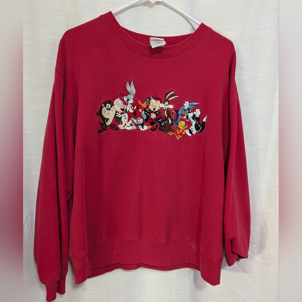 1999 Warner Bros Cartoon Characters Embroidered Red Sweatshirt Size S